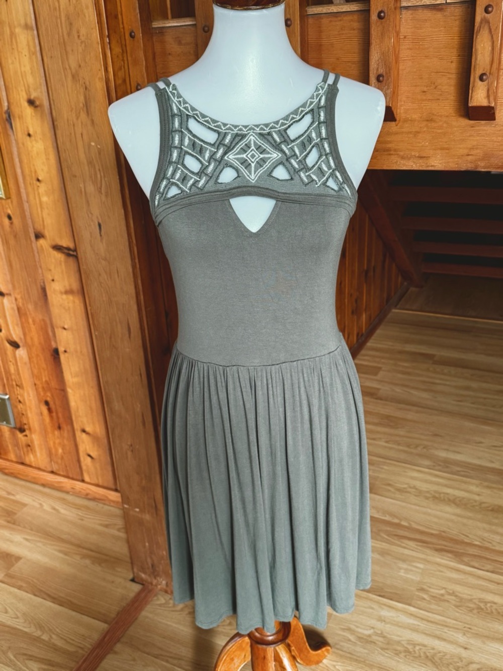 Empyre Size Small Sleeveless Olive Green Crochet Yoke Skater sexy  Dress